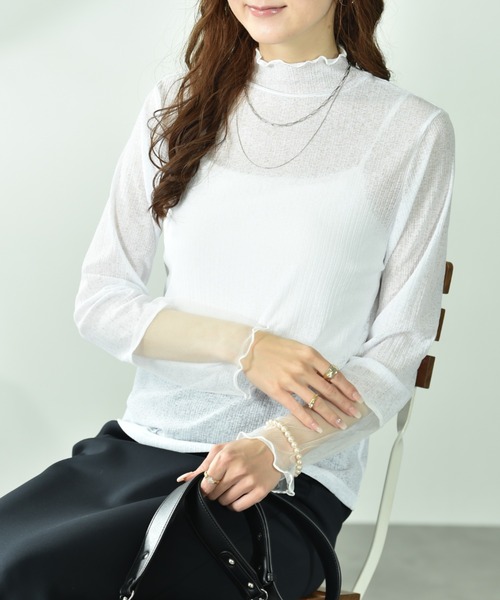 INTERPLANET(インタープラネット)の「シアーテレコリブ袖口チュール切替プルオーバー(Tシャツ/カットソー・レディース・ブラック/アイボリー・FREE)」の3枚目の写真