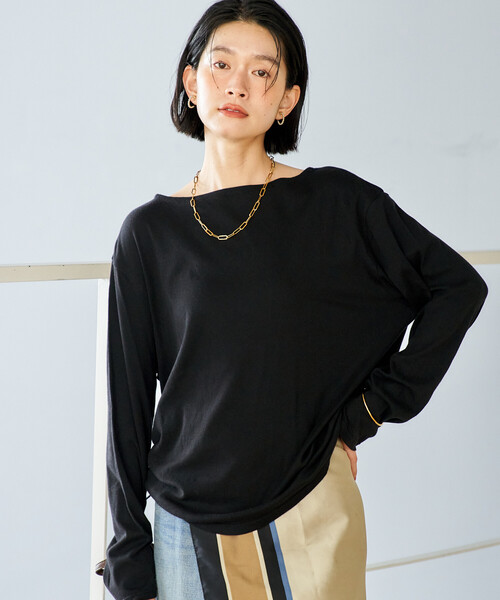 FREAK'S STORE(フリークスストア)の「シアーコットン ルーズ ボートネック ロンT/シアーロンT(Tシャツ/カットソー・レディース・ブラウン/ピンク/オフホワイト/ブラック・フリ-)」の3枚目の写真