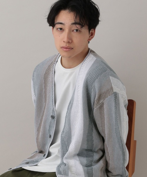 RAGEBLUE(レイジブルー)の「Wave Stripe Pattern Knit Cardigan/レトロ柄ジャガードニットカーディガン(カーディガン/ボレロ・メンズ・ブルー/グレー/その他22・MEDIUM/LARGE)」の2枚目の写真