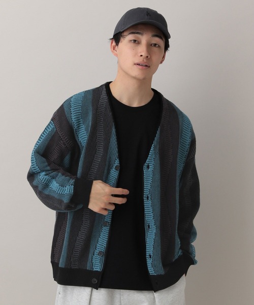 セール】Wave Stripe Pattern Knit Cardigan/レトロ柄ジャガードニット