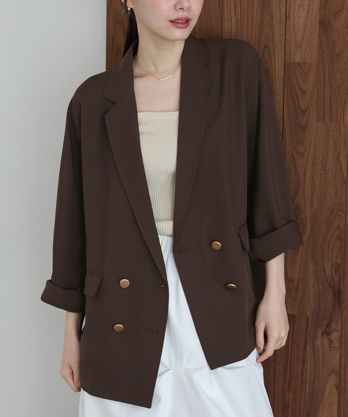 J by blue(ジェイバイブルー)の「リネンライクシャツジャケット(テーラードジャケット・レディース・ブラウン/ベージュ・MEDIUM)」の4枚目の写真