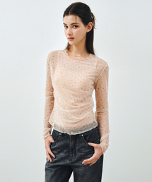 サイドシャーリングフラワーメッシュロングスリーブベージュMDTS061FLOWERBEIGE