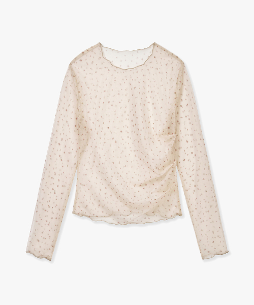 MONGDOL（モンドル）の「サイドシャーリングフラワーメッシュロングスリーブベージュMDTS061FLOWERBEIGE（Tシャツ/カットソー・レディース・その他・F）」の2枚目の写真