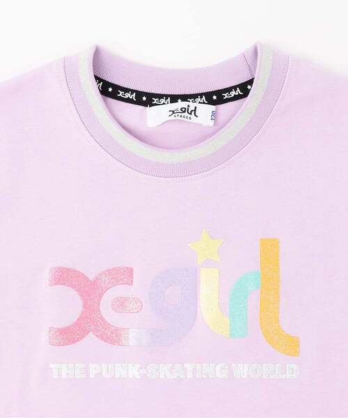 X-girl Stages（エックスガールステージス）の「【人気商品再入荷】【直営店で取り扱い無し】ラメ発泡ロゴTワンピース（ワンピース・キッズ・ブラック/ラベンダー・90cm/130cm/120cm/140cm）」の4枚目の写真