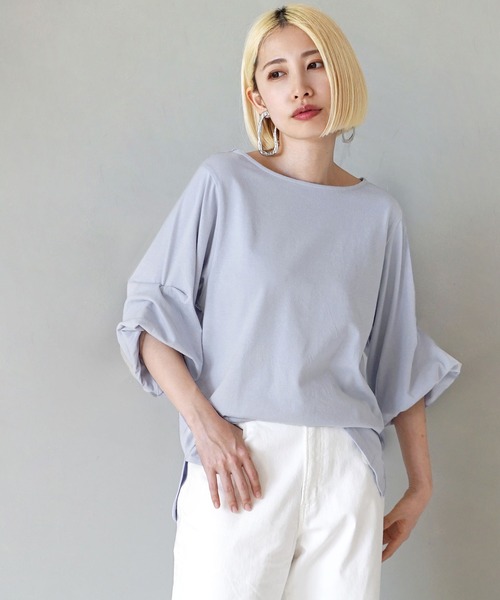 zootie（ズーティー）の「スタイルアップ デザインスリーブ カットソー［五分袖］（Tシャツ/カットソー・レディース・オフホワイト/グレイッシュブルー/ライトブルー/レッド系/ブラック/ライトアッシュグレー/ベージュ系/ブラック×ホワイト/チャコール・3L/L-XL/M-L）」の10枚目の写真