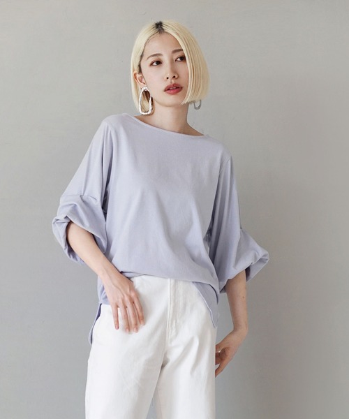 zootie（ズーティー）の「スタイルアップ デザインスリーブ カットソー［五分袖］（Tシャツ/カットソー・レディース・オフホワイト/グレイッシュブルー/ライトブルー/レッド系/ブラック/ライトアッシュグレー/ベージュ系/ブラック×ホワイト/チャコール・3L/L-XL/M-L）」の12枚目の写真