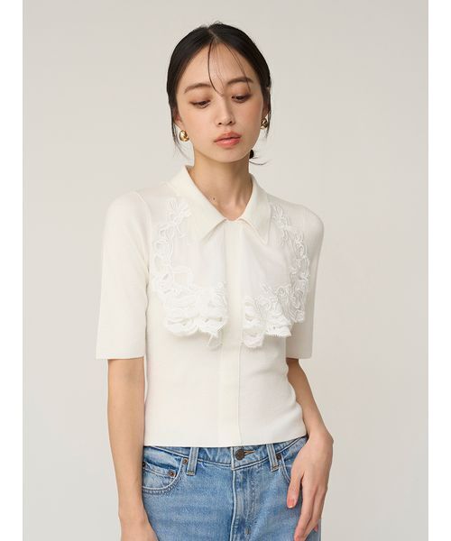 SNIDEL（スナイデル）の「エンブロイダリーカラードッキングニット（ニット/セーター・レディース・ライトグレー/ブラック/オフホワイト・F）」の6枚目の写真