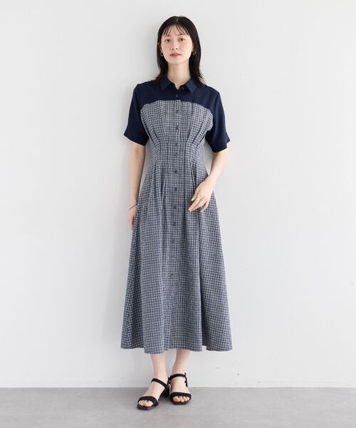 YECCA VECCA(イェッカヴェッカ)の「ハーフスリーブベアドッキングワンピース(ワンピース・レディース・ネイビー/チェック/ストライプ・FREE)」の4枚目の写真