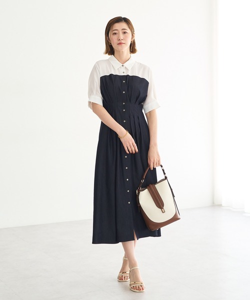 YECCA VECCA(イェッカヴェッカ)の「ハーフスリーブベアドッキングワンピース(ワンピース・レディース・ネイビー/チェック/ストライプ・FREE)」の2枚目の写真