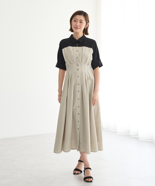 YECCA VECCA(イェッカヴェッカ)の「ハーフスリーブベアドッキングワンピース(ワンピース・レディース・ネイビー/チェック/ストライプ・FREE)」の1枚目の写真