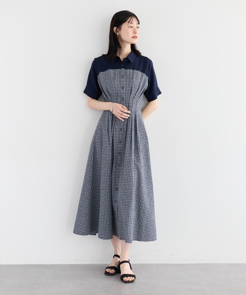 YECCA VECCA(イェッカヴェッカ)の「ハーフスリーブベアドッキングワンピース(ワンピース・レディース・ネイビー/チェック/ストライプ・FREE)」の3枚目の写真