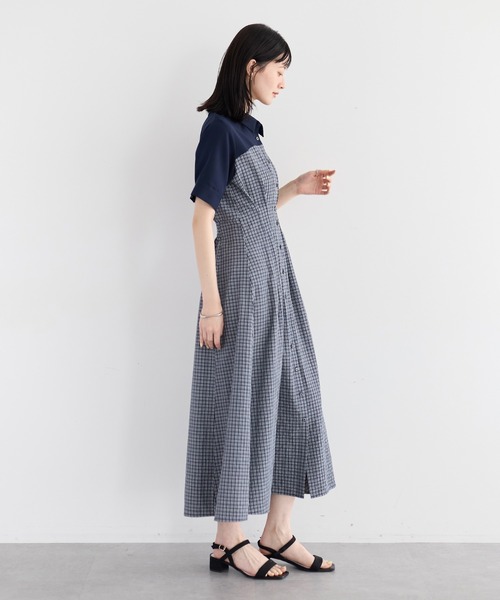 YECCA VECCA(イェッカヴェッカ)の「ハーフスリーブベアドッキングワンピース(ワンピース・レディース・ネイビー/チェック/ストライプ・FREE)」の5枚目の写真
