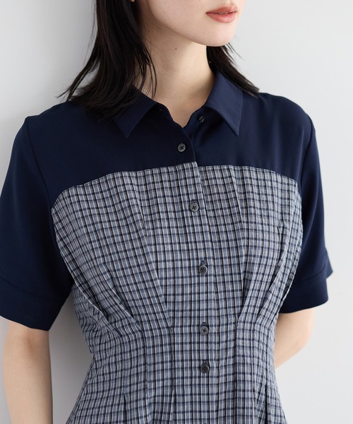 YECCA VECCA(イェッカヴェッカ)の「ハーフスリーブベアドッキングワンピース(ワンピース・レディース・ネイビー/チェック/ストライプ・FREE)」の8枚目の写真