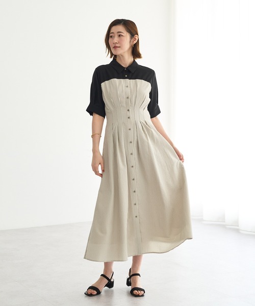 YECCA VECCA(イェッカヴェッカ)の「ハーフスリーブベアドッキングワンピース(ワンピース・レディース・ネイビー/チェック/ストライプ・FREE)」の9枚目の写真