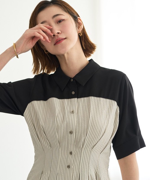 YECCA VECCA(イェッカヴェッカ)の「ハーフスリーブベアドッキングワンピース(ワンピース・レディース・ネイビー/チェック/ストライプ・FREE)」の14枚目の写真