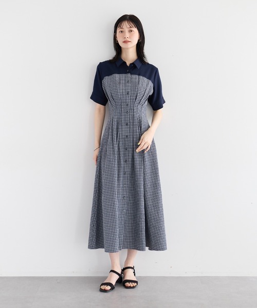 YECCA VECCA(イェッカヴェッカ)の「ハーフスリーブベアドッキングワンピース(ワンピース・レディース・ネイビー/チェック/ストライプ・FREE)」の4枚目の写真