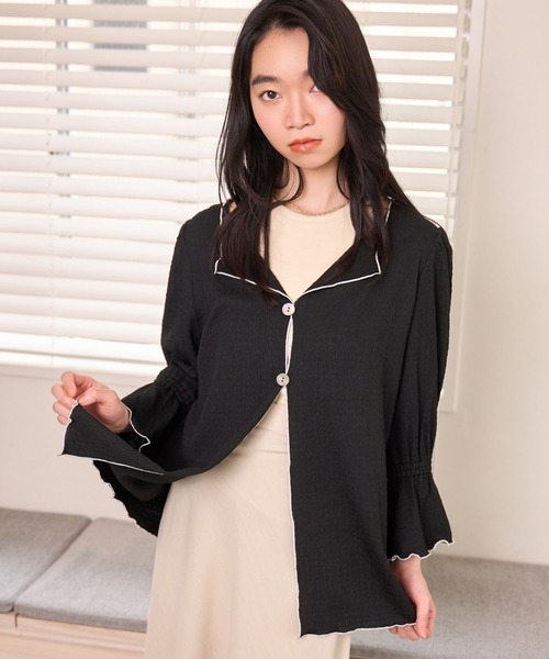 mysty woman(ミスティウーマン)の「配色メローシャツカーディガン 678691(カーディガン/ボレロ・レディース・ブラウン/ブラック/アイボリー・FREE)」の1枚目の写真
