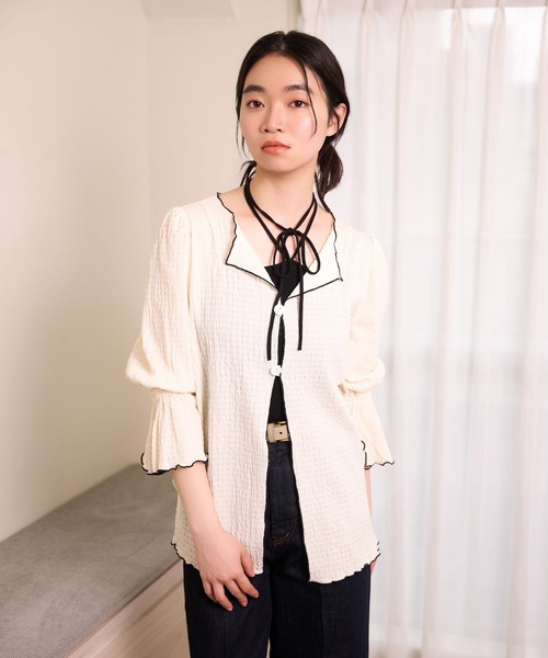 mysty woman(ミスティウーマン)の「配色メローシャツカーディガン 678691(カーディガン/ボレロ・レディース・ブラウン/ブラック/アイボリー・FREE)」の7枚目の写真