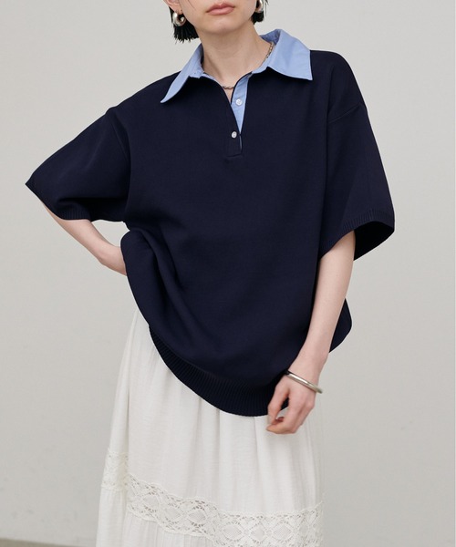 LARUTA（ラルータ）の「【LARUTA】シャツ衿半袖ポロニット（ニット/セーター・レディース・その他1/ネイビー/グレー/アイボリー・FREE）」の3枚目の写真