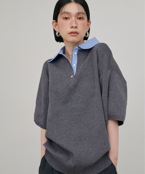 LARUTA（ラルータ）の「【LARUTA】シャツ衿半袖ポロニット（ニット/セーター・レディース・その他1/ネイビー/グレー/アイボリー・FREE）」の2枚目の写真