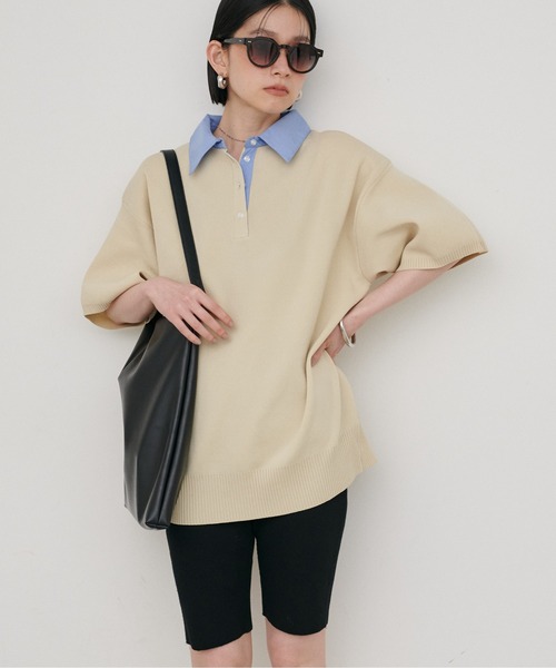 LARUTA（ラルータ）の「【LARUTA】シャツ衿半袖ポロニット（ニット/セーター・レディース・その他1/ネイビー/グレー/アイボリー・FREE）」の7枚目の写真