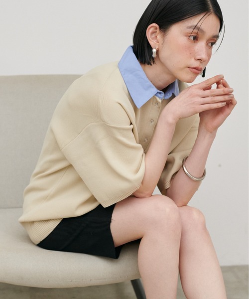 LARUTA（ラルータ）の「【LARUTA】シャツ衿半袖ポロニット（ニット/セーター・レディース・その他1/ネイビー/グレー/アイボリー・FREE）」の5枚目の写真