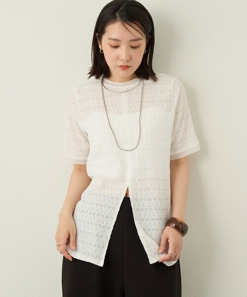Omekashi(オメカシ)の「2wayレースヘンリースリットTシャツ(Tシャツ/カットソー・レディース・アイボリー/ブラック/オフホワイト・FREE)」の3枚目の写真