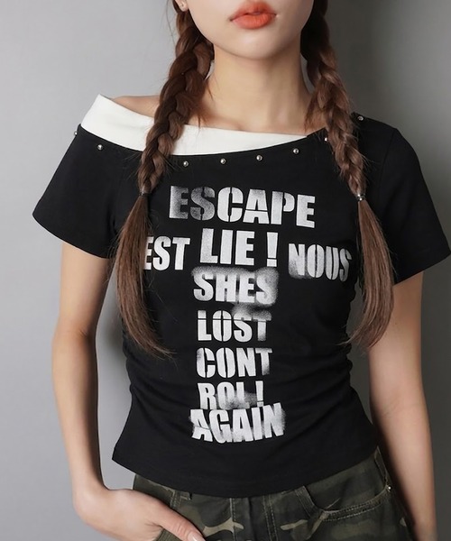 SPINNS(スピンズ)の「ワンショルTシャツ/ロゴ/平成ギャル(Tシャツ/カットソー・レディース・ブラック/ピンク/ホワイト・ONESIZE)」の13枚目の写真