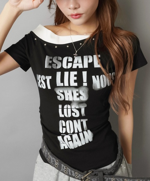 SPINNS(スピンズ)の「ワンショルTシャツ/ロゴ/平成ギャル(Tシャツ/カットソー・レディース・ブラック/ピンク/ホワイト・ONESIZE)」の11枚目の写真
