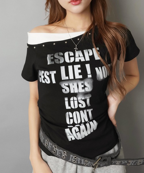 SPINNS(スピンズ)の「ワンショルTシャツ/ロゴ/平成ギャル(Tシャツ/カットソー・レディース・ブラック/ピンク/ホワイト・ONESIZE)」の10枚目の写真