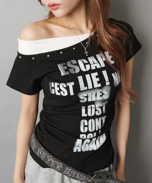 SPINNS(スピンズ)の「ワンショルTシャツ/ロゴ/平成ギャル(Tシャツ/カットソー・レディース・ブラック/ピンク/ホワイト・ONESIZE)」の12枚目の写真