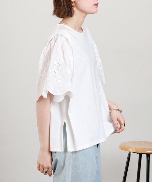 Anna Nicola(アンナニコラ)の「Anna Nicola 刺繍フレアスリーブカットソー 半袖(Tシャツ/カットソー・レディース・オフホワイト/ブラック・38)」の6枚目の写真