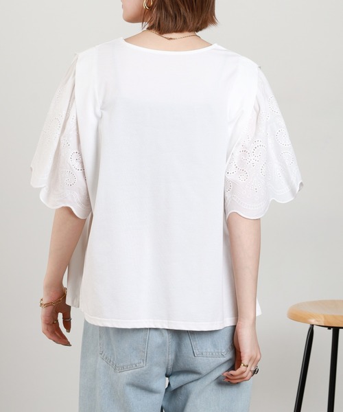 Anna Nicola(アンナニコラ)の「Anna Nicola 刺繍フレアスリーブカットソー 半袖(Tシャツ/カットソー・レディース・オフホワイト/ブラック・38)」の7枚目の写真