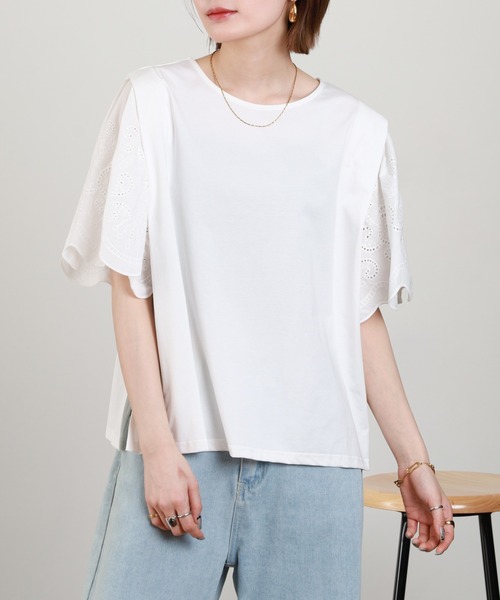 Anna Nicola(アンナニコラ)の「Anna Nicola 刺繍フレアスリーブカットソー 半袖(Tシャツ/カットソー・レディース・オフホワイト/ブラック・38)」の14枚目の写真