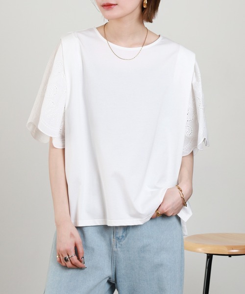 Anna Nicola(アンナニコラ)の「Anna Nicola 刺繍フレアスリーブカットソー 半袖(Tシャツ/カットソー・レディース・オフホワイト/ブラック・38)」の16枚目の写真