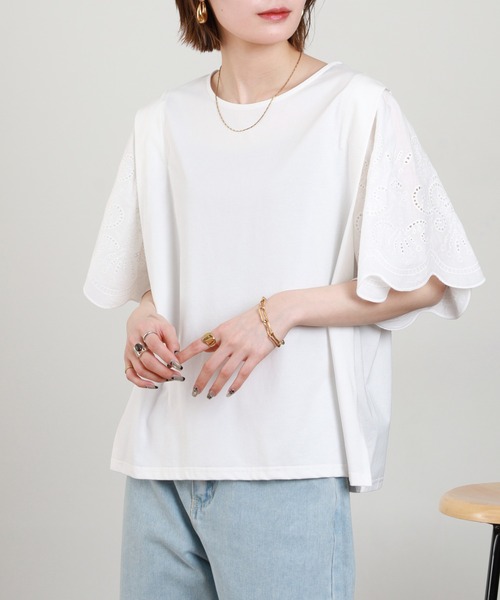 Anna Nicola(アンナニコラ)の「Anna Nicola 刺繍フレアスリーブカットソー 半袖(Tシャツ/カットソー・レディース・オフホワイト/ブラック・38)」の17枚目の写真