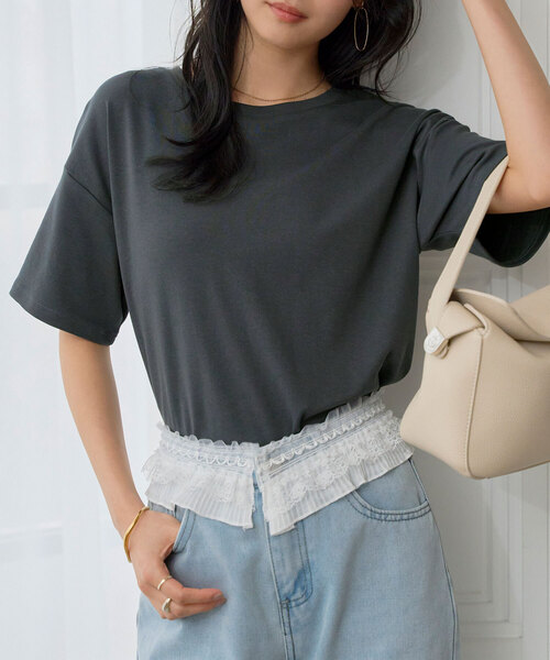 KOBE LETTUCE（コウベレタス）の「[ 接触冷感 ]　綿100%なめらか半袖Tシャツ（Tシャツ/カットソー・レディース・オフホワイト/ピンク/ブラック/チャコール/グレイッシュベージュ/ベビーピンク/ブルーグレー/グレー系その他・L/M）」の6枚目の写真