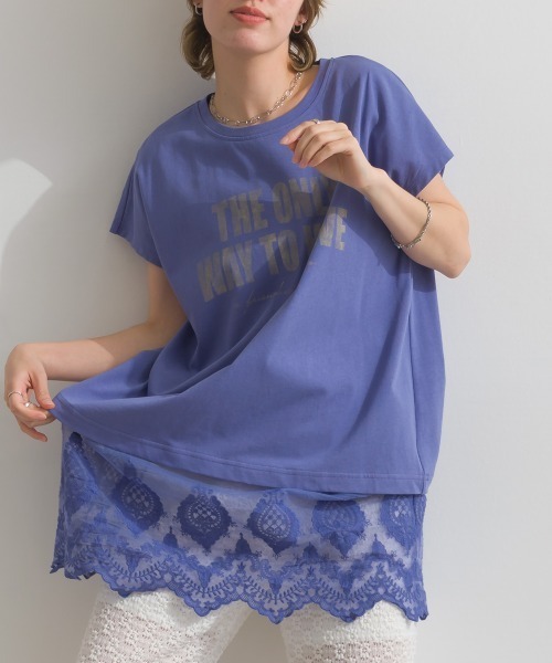 半袖カットソー レース装飾 ネイビーチュニックサイズ44 セール】裾レース半袖チュニック（Tシャツ/カットソー）｜le colis