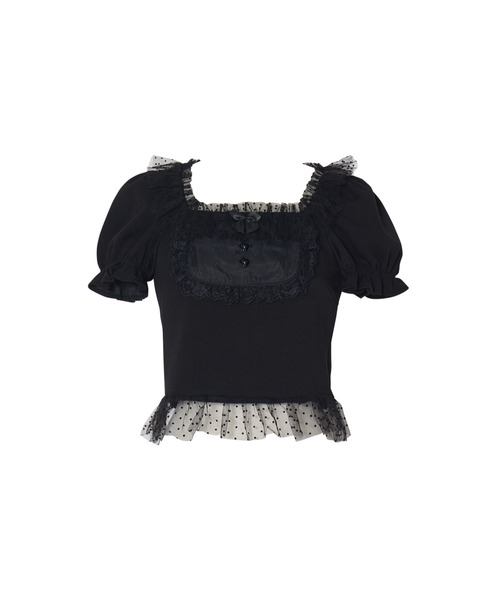 AVENCHUMU(アバンチュウム)の「Tulle frill heart button puff tops(Tシャツ/カットソー・レディース・ピンク/ブラック・FREE)」の2枚目の写真