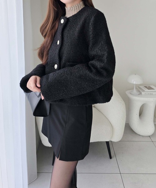 mily bilet（ミウィビレット）の「【mily bilet】上品フェミニンの代表格♪触り心地に遊び心あり。ゴールドボタン ウェーブノーカラージャケット（ノーカラージャケット・レディース・グレー/ブラック/アイボリー・LARGE/SMALL/MEDIUM/X-LARGE）」の15枚目の写真