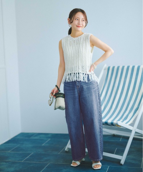 COHINA（コヒナ）の「テープヤーンフリンジヘムニット 【低身長・小柄女性】（ニット/セーター・レディース・オフホワイト/ブルー・ONE SIZE）」の6枚目の写真