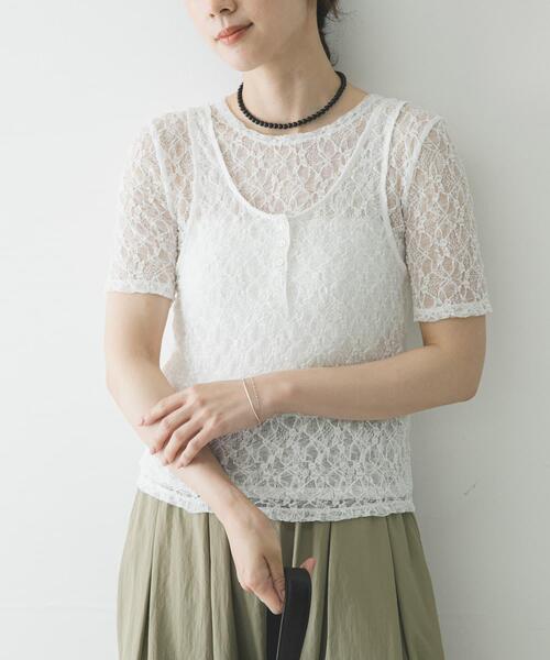 URBAN RESEARCH(アーバンリサーチ)の「ストレッチレースコンパクトTシャツ(Tシャツ/カットソー・レディース・ブラック/オフホワイト・FREE)」の2枚目の写真
