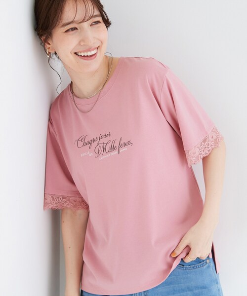 SHOO・LA・RUE(シューラルー)の「【ひんやり/UV/S-LL】柄アソート お袖レースが旬顔 上品に決まる大人Tシャツ(Tシャツ/カットソー・レディース・チャコール/ホワイト系1/ベージュ系その他4/ホワイト/ブラック/ピンク系その他・01/04/02/03)」の6枚目の写真