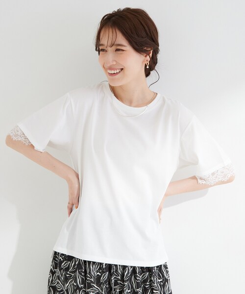 SHOO・LA・RUE(シューラルー)の「【ひんやり/UV/S-LL】柄アソート お袖レースが旬顔 上品に決まる大人Tシャツ(Tシャツ/カットソー・レディース・チャコール/ホワイト系1/ベージュ系その他4/ホワイト/ブラック/ピンク系その他・01/04/02/03)」の8枚目の写真