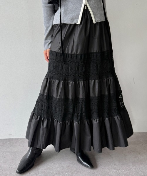 flaeu(フラユ)の「Lace Panel Tiered Skirt(スカート・レディース・ブラック・FREE)」の1枚目の写真