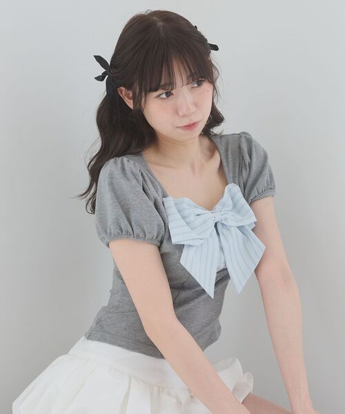MAJESTIC LEGON(マジェスティックレゴン)の「ビッグリボンレイヤードトップス(Tシャツ/カットソー・レディース・ピンク/ブラック系その他/グレー/グレー系その他・MEDIUM)」の4枚目の写真