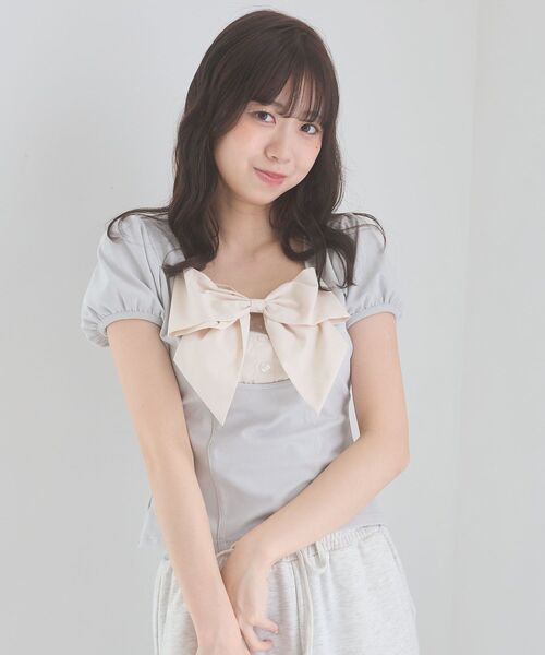 MAJESTIC LEGON(マジェスティックレゴン)の「ビッグリボンレイヤードトップス(Tシャツ/カットソー・レディース・ピンク/ブラック系その他/グレー/グレー系その他・MEDIUM)」の3枚目の写真