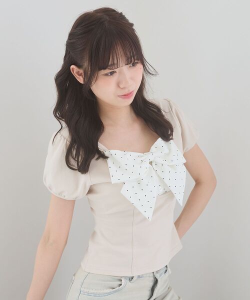 MAJESTIC LEGON(マジェスティックレゴン)の「ビッグリボンレイヤードトップス(Tシャツ/カットソー・レディース・ピンク/ブラック系その他/グレー/グレー系その他・MEDIUM)」の1枚目の写真