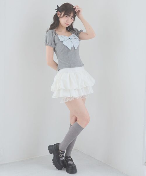 MAJESTIC LEGON(マジェスティックレゴン)の「ビッグリボンレイヤードトップス(Tシャツ/カットソー・レディース・ピンク/ブラック系その他/グレー/グレー系その他・MEDIUM)」の12枚目の写真