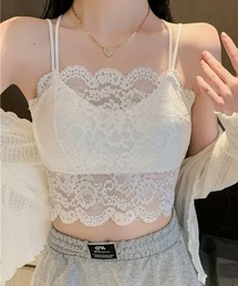 【取り外せる一体型パッド/メッシュ素材】スカラップ×レースレイヤード ダブルストラップ バッククロス キャミソール レディース